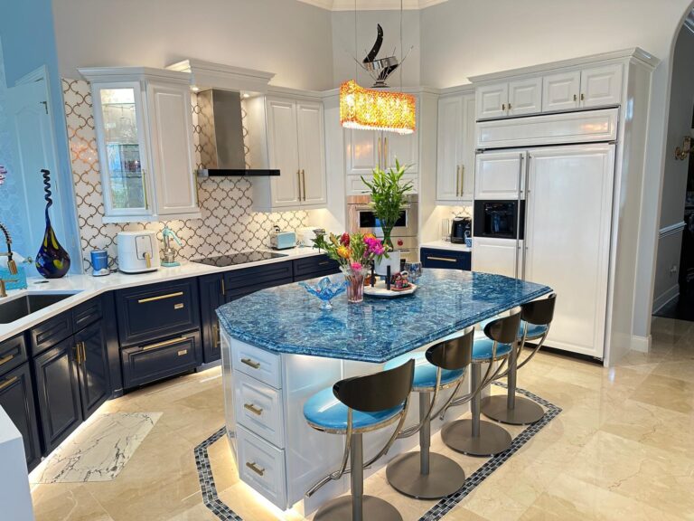 White And Navy Blue Painted Kitchen Cabinets With Gold Hardware In A Jacksonville Fl Home By New Empire Remodeling